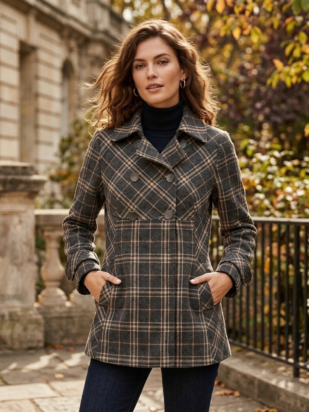 Vintage 90s Y2K Size S Double Breasted Dark Gray Plaid Womens Wool Coat Jacket